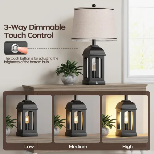 Miniatura 2 de QiMH Lámpara de mesa para sala de estar, lámparas de granja con USB A+C y luz nocturna, lámparas de noche rústicas de 26" con control táctil