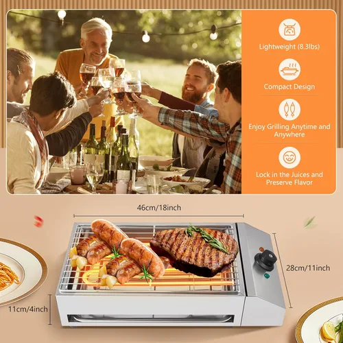 Miniatura 6 de Parrilla eléctrica para barbacoa de 1800 W, para uso comercial y doméstico, de acero inoxidable, portátil, sin humo, para equipos de barbacoa