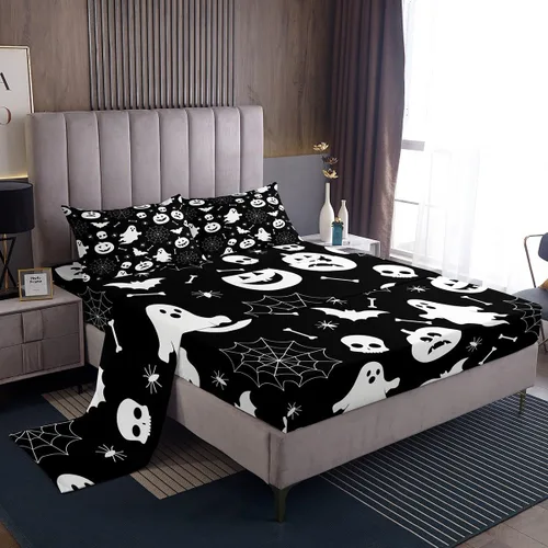 Miniatura 36 de Erosebridal Juego de sábanas de Halloween con diseño de fantasmas de dibujos animados, decoraciones de calabaza de Halloween, juego de sábanas
