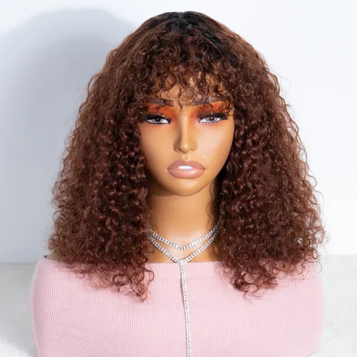 Miniatura 10 de JOEDIR HAIR Peluca corta y rizada con flequillo, peluca de cabello humano virgen brasileño de 12 pulgadas para mujeres negras, peluca Jerry Curl