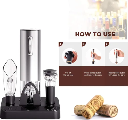 Miniatura 3 de COKUNST Juego de abridor de vino eléctrico con soporte, sacacorchos con carga USB, abrebotellas inalámbrico recargable de un clic con vertedor