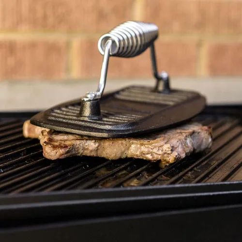 Miniatura 7 de BBQ Dragon Prensa para parrilla de hierro fundido – Prensa de hamburguesas, tocino y panini resistente de 2.9 libras – Pre sazonada para asar