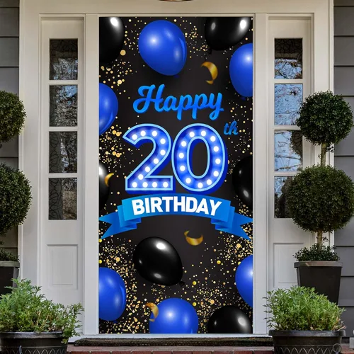 Cartel de fondo azul y negro de feliz cumpleaños número 20, decoración temática de globos de confeti para niñas y mujeres de 20 años, decoraciones