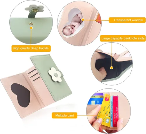 Miniatura 20 de CONISY Lindas carteras para mujer, de cuero con bloqueo RFID, pequeña cartera triple con ventana de identificación para niñas y mujeres