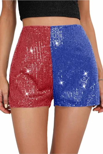 Pantalones cortos de lentejuelas para mujer, de cintura alta, elásticos, pierna recta, pantalones cortos para fiesta, concierto, brillantes, con