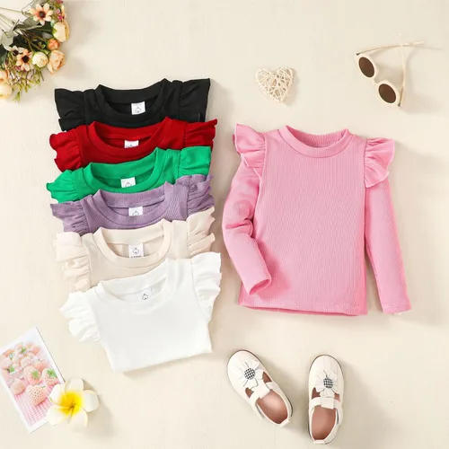 Miniatura 9 de OPAWO Camisetas de manga larga y corta con volantes para niña, blusa acanalada para niña, ropa para bebé, paquete de 2 unidades de 1 a 6 años