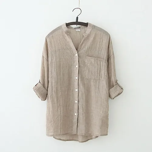 Miniatura 2 de Women's Roll-Up Cuffed HalfLong Sleeve Linen Shirts Blouse Solid Summer Cotton Tops Button Down V-Neck Blouse T Shirt