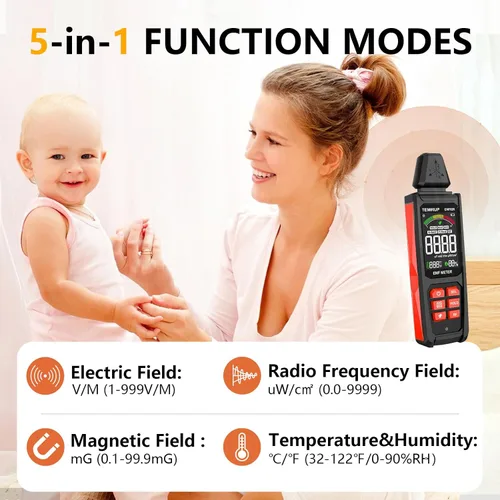 Miniatura 3 de Detector EMF, TEMIRUP 5 en 1 Medidor EMF Portátil Detector de Radiación, Detecta EF, RF, MF, Señal WiFi, Temperatura, Humedad, Lector EMF Recargable