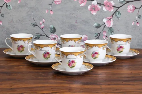 Miniatura 5 de Juego de té de porcelana, 12 piezas, elegante diseño floral blanco con borde dorado – Platillos de 5.5 pulgadas, tazas de 6.5 onzas – para fiestas