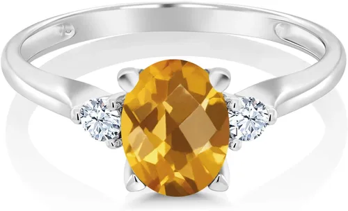 Miniatura 2 de Anillo de compromiso de oro blanco de 10 quilates con 3 piedras preciosas para mujer, piedra natal y zafiro blanco creado, ovalado de 0.315 x 0.236