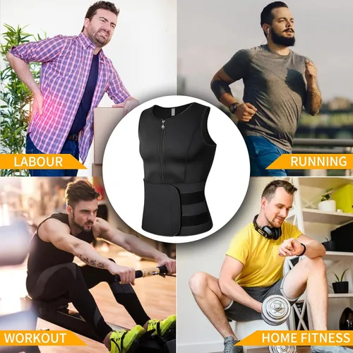 Miniatura 6 de MISS MOLY Chaleco de entrenamiento de cintura de sauna para hombre, chaleco para sudar con cinturón recortador, camiseta sin mangas de Negro