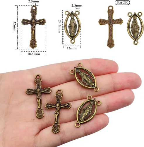 Miniatura 3 de 40 piezas de rosario de aleación tibetana con cruz y centro de María Milagrosa Medalla Jesús Crucifijo Crucifijo y eslabones ovalados de araña