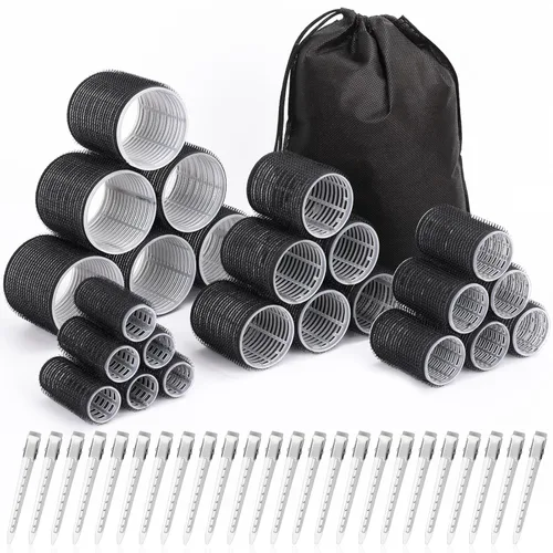 Juego de rizadores de pelo con 24 rodillos (6 jumbo, 6 grandes, 6 medianos, 6 pequeños) y 24 clips para todas las longitudes de cabello (negro)
