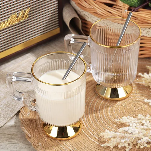 Miniatura 2 de Joeyan Tazas de café de vidrio con asa, tazas de café transparentes acanaladas vintage, tazas de café café con leche, capuchino, tazas de leche
