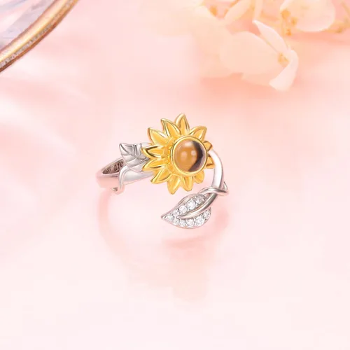 Miniatura 5 de DAOCHONG Anillo de girasol de plata de ley con la frase "You are my sunshine", anillo de piedra con texto en inglés "I Love You", anillo giratorio