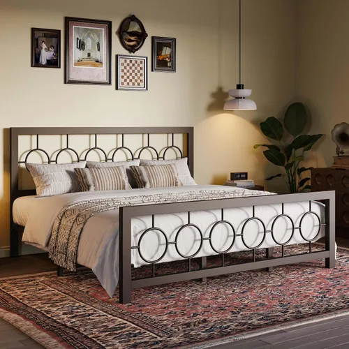 Miniatura 3 de SHA CERLIN Marco de cama de metal tamaño King con cabecera y pie de cama de diseño circular vintage, no requiere somier, fácil montaje, sin ruido