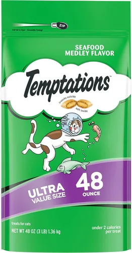 Temptations Classic, Crunchy y Soft golosinas para gatos, delicioso sabor a mariscos, paquete de 48 oz