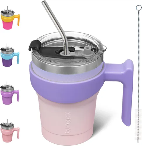 Miniatura 50 de BJPKPK Vaso con asa de acero inoxidable de 20 onzas, con aislamiento de doble pared, con tapa y pajita, color rosa claro A-rosa claro