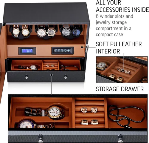 Miniatura 6 de 6 Watch Winder with Jewelry Storage Drawer, LCD Display, Touch Control and Interior Backlight