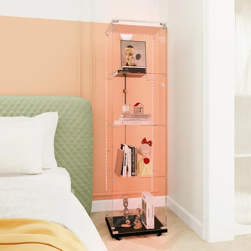 Miniatura 8 de Vitrina de cristal con 4 estantes con tira de luces LED y cerradura, vitrina de vitrina con ruedas y 1 puerta, vitrina de vidrio templado para sala