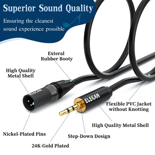 Miniatura 5 de Elecan Cable Auxiliar TRS Macho a XLR Macho de 3.5mm (1/8 Pulgada) de 4 Pies, Cable de Micrófono Estéreo Blindado Profesional Balanceado, Chapado