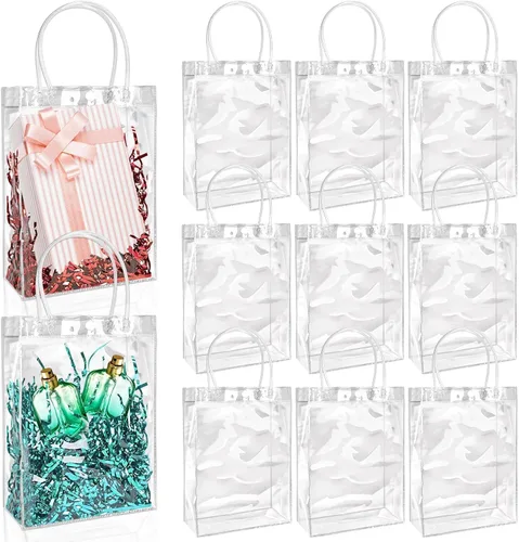 BadenBach 24 bolsas de regalo transparentes con asas, 10.6 x 7.5 x 3.5 pulgadas, bolsa de plástico transparente para fiesta, bolsa de regalo