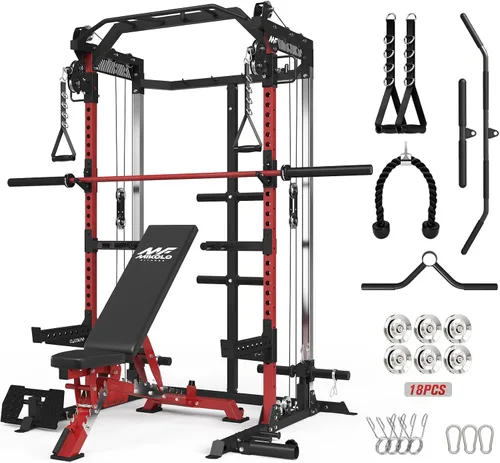 Miniatura 10 de Mikolo HR06 Power Cage with Aluminum Pulleys, 2000LB Power Rack with Independent Dual Pulley System, Multi-Function Home Gym Workout Machine for
