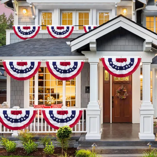 Miniatura 7 de Banderas de banderines para exteriores, 3 banderas plisadas americanas de 2 x 4 pies, banderines patrióticos del 4 de julio, Día del Veterano