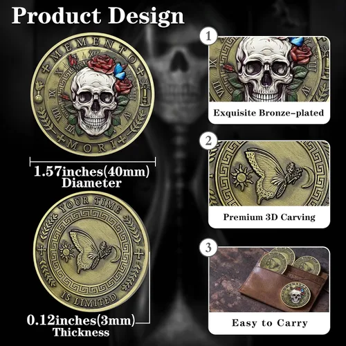 Miniatura 5 de Moneda Memento Mori Reloj de arena Cráneo Tiempo Mortalidad Moneda estoica Amor Fati Moneda Memento Vivere Carpe Cráneo Coleccionable Recuerdo