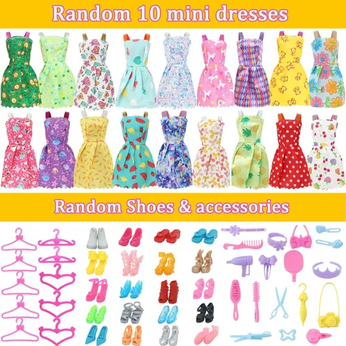 Miniatura 5 de 60 piezas de ropa y accesorios para muñecas, vestidos de boda, tops diarios, pantalones, trajes de baño, bikini, 10 minivestidos, faldas, perchas