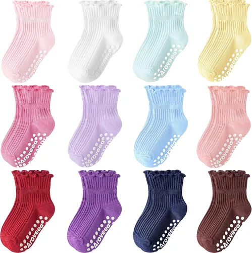 Miniatura 9 de Calcetines antideslizantes para bebés y niñas pequeñas, con volantes, de algodón, lindos, paquete de 12 unidades, para niños de 6 meses a 7 años