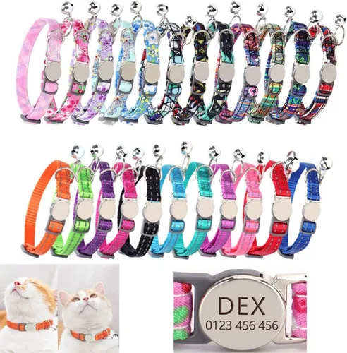 Collares de gato con etiqueta de nombre, placa grabada personalizada, número de teléfono, collar de gatito con campanas ajustables para lindas
