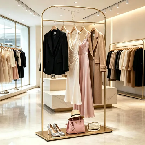 Miniatura 6 de 91" estante alto de la ropa del oro con los estantes, estante largo del vestido de la ejecución Estantes de ropa nupcial, organizador para tienda