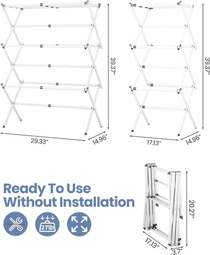 Miniatura 2 de APEXCHASER Tendedero de Ropa Plegable - Tendedero de Lavandería de 3 Niveles para Ropa, Secadora de Ropa de Metal Expandible, Toallero Plegable