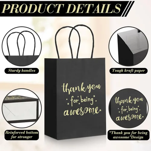 Miniatura 4 de Jetec 50 bolsas de regalo de agradecimiento de color negro dorado con asas a granel, 5.9 x 3.1 x 8.3 pulgadas, gracias por ser impresionantes