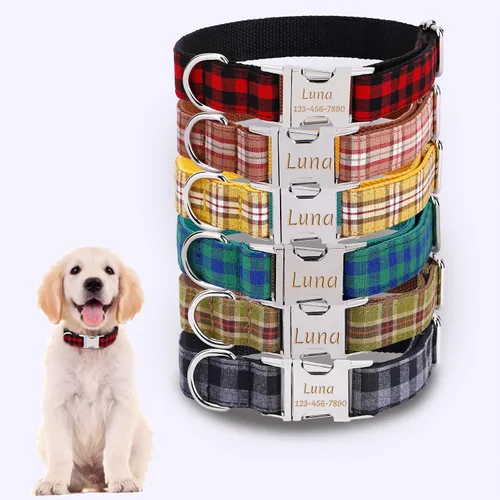 Miniatura 12 de Collar de perro personalizado con placa de nombre, ajustable resistente nailon personalizable collar de identificación grabado con hebilla de metal