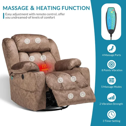 Miniatura 5 de Silla reclinable manual giratoria de 360 grados con masaje y calor, puertos USB, bolsillos laterales y portavasos, tela de terciopelo (marrón)