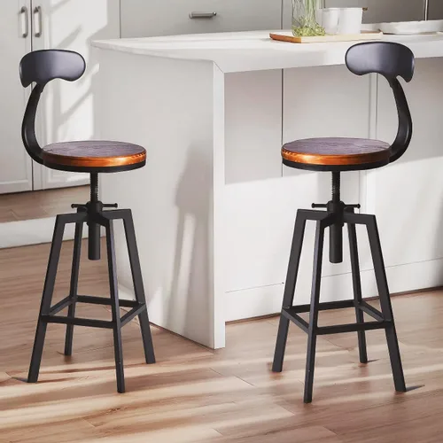 Miniatura 10 de Taburetes de bar industriales, silla de comedor de cocina, taburete de metal de madera, silla giratoria de altura ajustable, negro, juego de 2