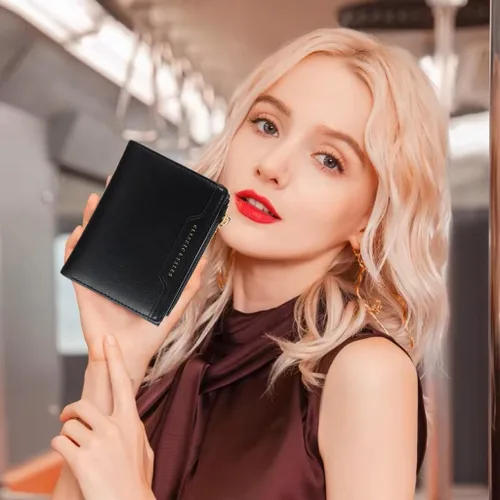 Miniatura 2 de Billeteras delgadas y pequeñas de cuero con bolsillo, tarjetero, plegable, triple, monedero para mujer con cremallera (negro)