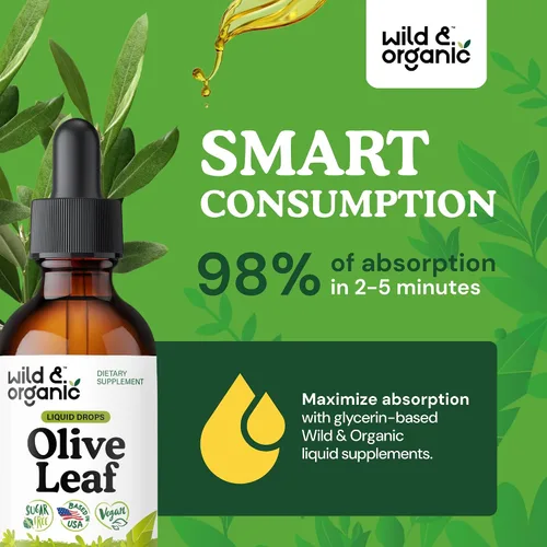 Miniatura 4 de Wild & Organic Gotas líquidas de extracto de hoja de olivo - Apoyo inmunológico y antioxidante - Suplemento de hoja de olivo de oleuropeína - Añadir