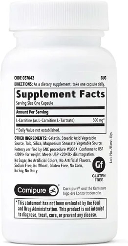 Miniatura 2 de GNC L-carnitina 500 mg, ayuda a metabolizar los ácidos grasos de cadena larga, 60 cápsulas