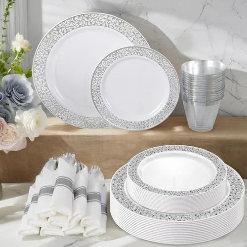 Miniatura 3 de WELLIFE 350 piezas de vajilla desechable de plástico plateado, incluye: 50 platos de cena, 50 platos de postre, 50 vasos, 50 servilletas enrolladas