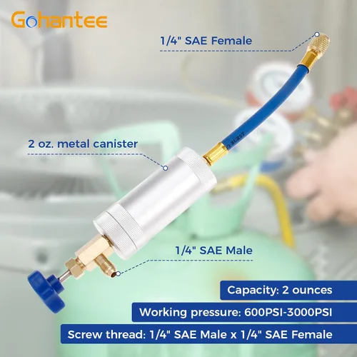 Miniatura 3 de gohantee Inyector de tinte de aceite de CA R12 para R134a R22 2oz A/C Herramienta de inyección de aire acondicionado hembra 1/4 "SAE x macho 1/4" SAE