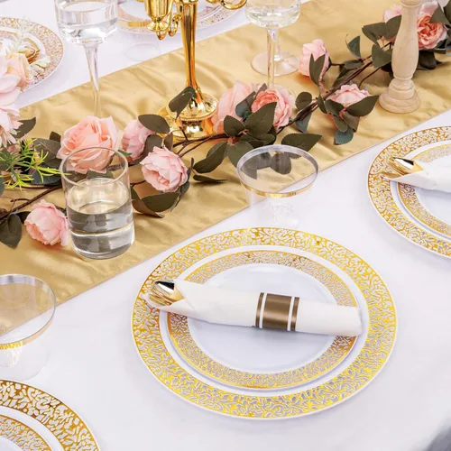 Miniatura 7 de DaYammi 210 platos de plástico dorados, juegos de vajilla de plástico dorado, incluye: 30 platos llanos, 30 platos de ensalada, 30 servilletas Y oro.