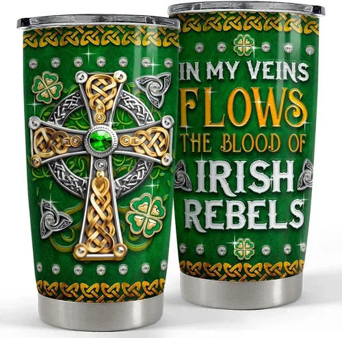 SANDJEST Vaso irlandés de acero inoxidable con tapa de cruz celta de 20 onzas, regalos para mujeres, cumpleaños, Navidad Irish