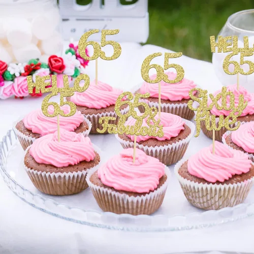 Miniatura 7 de Gyufise 24 adornos dorados para cupcakes de cumpleaños 65 Hello 65 Sixty Five Cake Toppers 65 y fabulosas selecciones para cupcakes para cumpleaños
