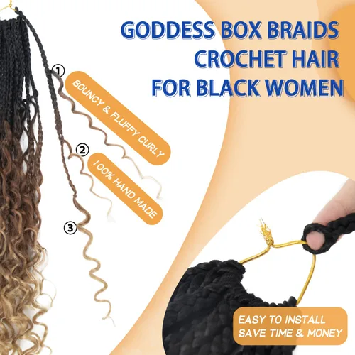 Miniatura 5 de Goddess Box - Trenzas de ganchillo con puntas rizadas de 14 pulgadas, paquete de 8 paquetes, extensiones de cabello sintético preanudado