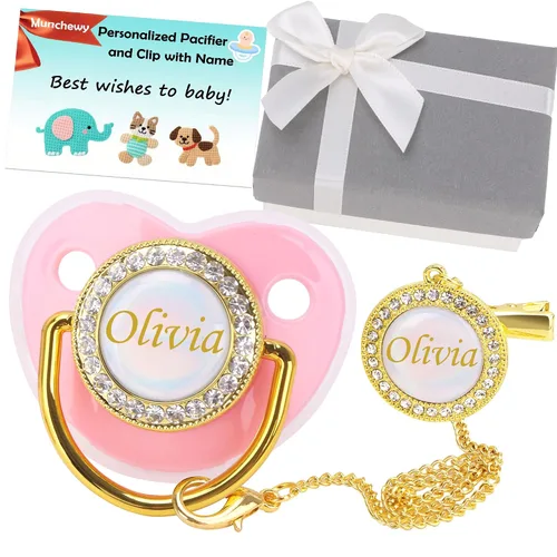 Miniatura 9 de Chupete personalizado con nombre, juego de clip para chupete dorado brillante con caja de regalo, tarjeta de felicitación, lujoso chupete de cristal