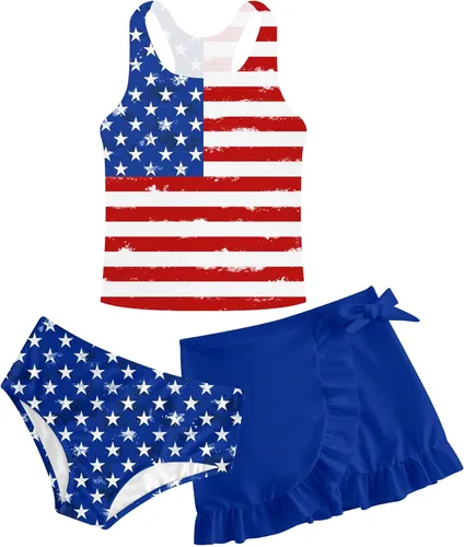 Miniatura 26 de Traje de baño tankini de 3 piezas para niñas, lindo bikini con salida de baño con falda de playa de 5 a 16 años