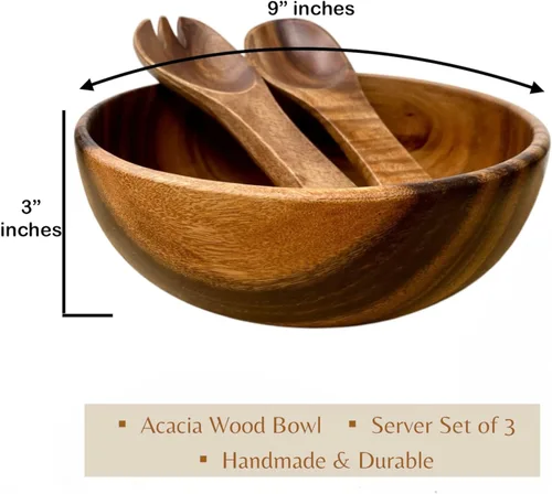 Miniatura 5 de Juego de ensaladera de madera de acacia – 9” Cuenco redondo artesanal con 2 servidores de madera, vajilla rústica y duradera para ensaladas, frutas